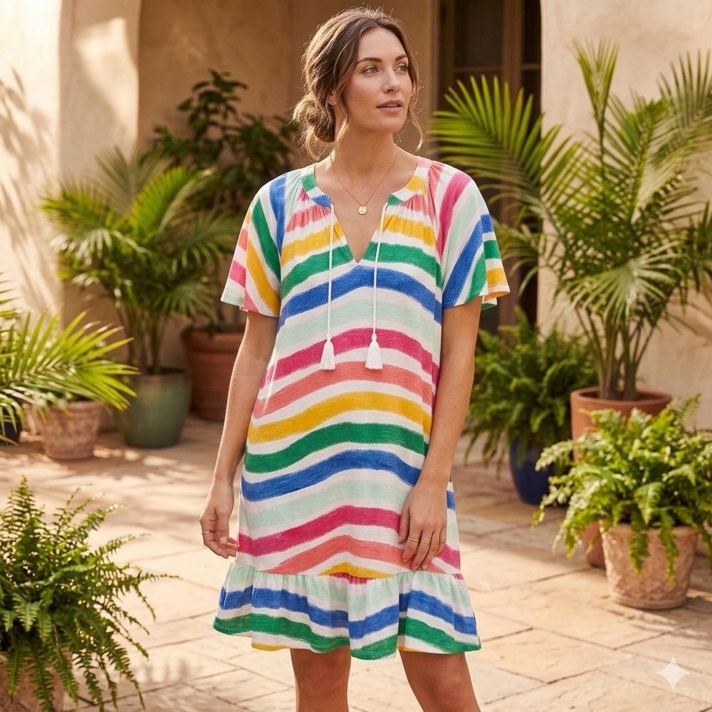 Crown & Ivy Womens Rainbow Stripe Tassel Shift Dress Multi Color Large Short Slv